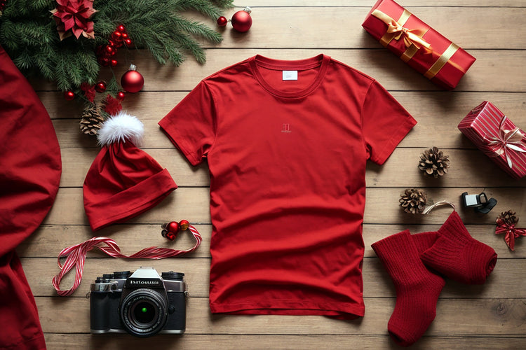 T-shirt rouge et divers objets de noël